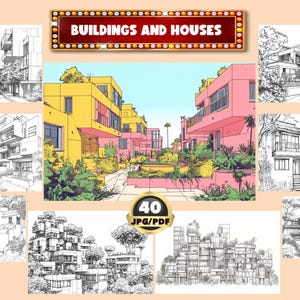 Puede incluir: Una colección de 40 dibujos en blanco y negro de edificios y casas. Los dibujos son de varios estilos, desde simples hasta detallados. El título "BUILDINGS AND HOUSES" se muestra en una pancarta roja en la parte superior de la imagen. El texto "40 JPG/PDF" se muestra en un círculo dorado en la parte inferior de la imagen.