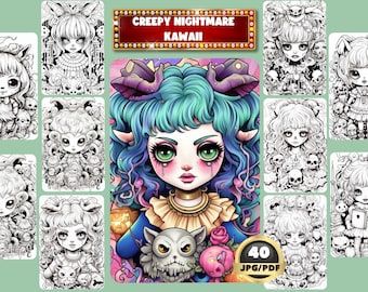 Creepy Nightmare Kawaii Coloring Book, Kawaii Halloween Horror Art (Printable PDF)