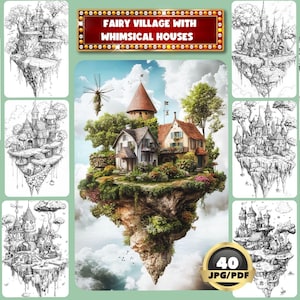 Fairy Village With Whimsical Houses Coloring Book, Fantasy Village, Digital Coloring, Instant Download, Grayscale Coloring, Printable PDF