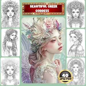 Beautiful Greek goddess Coloring Book, Greek Goddess Coloring, Digital Coloring Book, Instant Download, Grayscale Coloring, Printable PDF