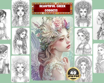 Kleurboek Griekse godin: kunst in grijswaarden, afdrukbare pdf (direct downloaden)