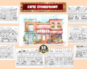 Cute Storefront Coloring Book, Digital Coloring, Shophouse Coloring, Architect Coloring Instant Download, Grayscale Coloring, Printable PDF