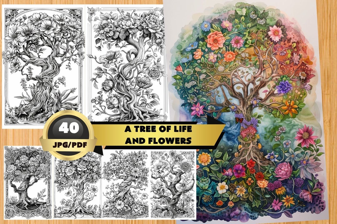 A Tree of Life and Flowers Coloring Book, Floral Coloring Page, Floral ...