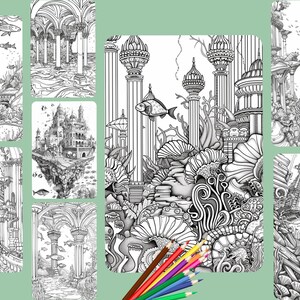 Ocean Coloring Book: Underwater Architecture, Grayscale (Printable PDF) image 4
