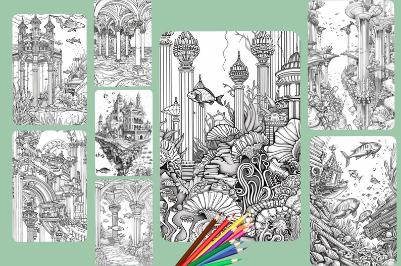 Ocean Coloring Book: Underwater Architecture, Grayscale (Printable PDF) image 4