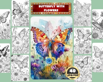 May include: A set of 40 coloring pages featuring butterflies and flowers. The pages are black and white line drawings, with a colorful example of a butterfly and flowers in the center of the image.  The text "Butterfly with Flowers" is in a red banner at the top of the image.