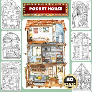 Pocket House Coloring Book, Architect And Interior Coloring, Digital Coloring Book, Instant Download, Grayscale Coloring Book, Printable PDF