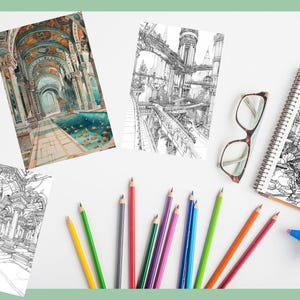 Ocean Coloring Book: Underwater Architecture, Grayscale (Printable PDF) image 7