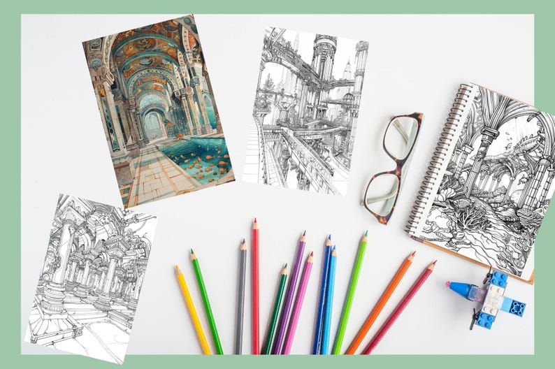 Ocean Coloring Book: Underwater Architecture, Grayscale (Printable PDF) image 7