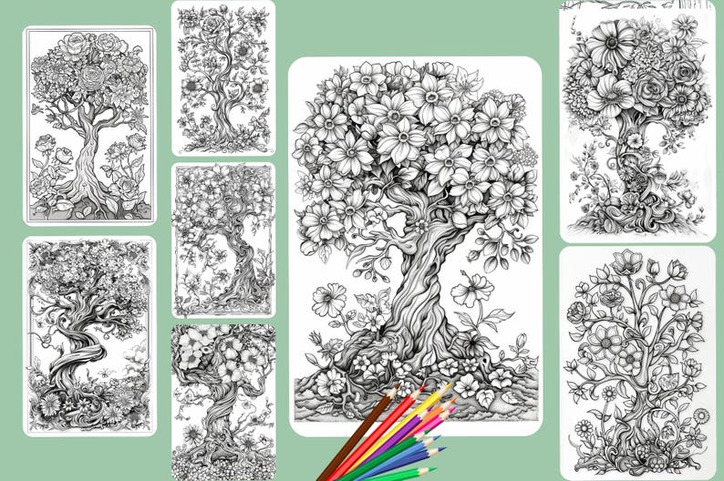 Blooming Tree of Life Coloring Book: Fantasy Floral Grayscale ...