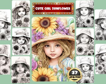 ひまわり少女のグレースケール塗り絵、花のアート（印刷可能なPDF A4サイズ）