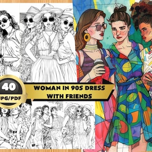 90er Jahre Fashion Women Malbuch: Graustufen Retro Stil (Printable PDF)