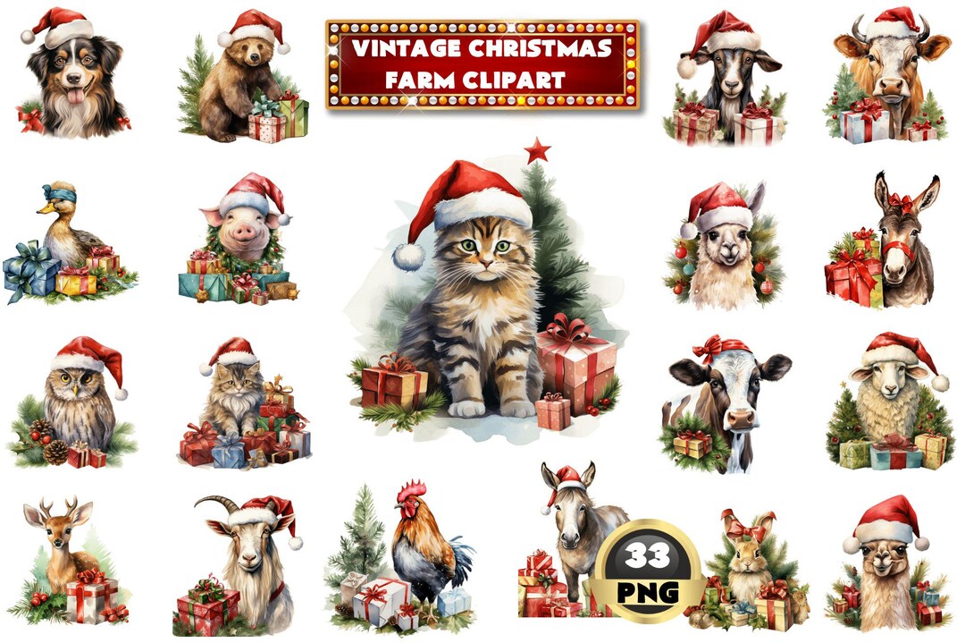 Vintage Christmas Farm Animals Clipart: Watercolor PNG (digital ...