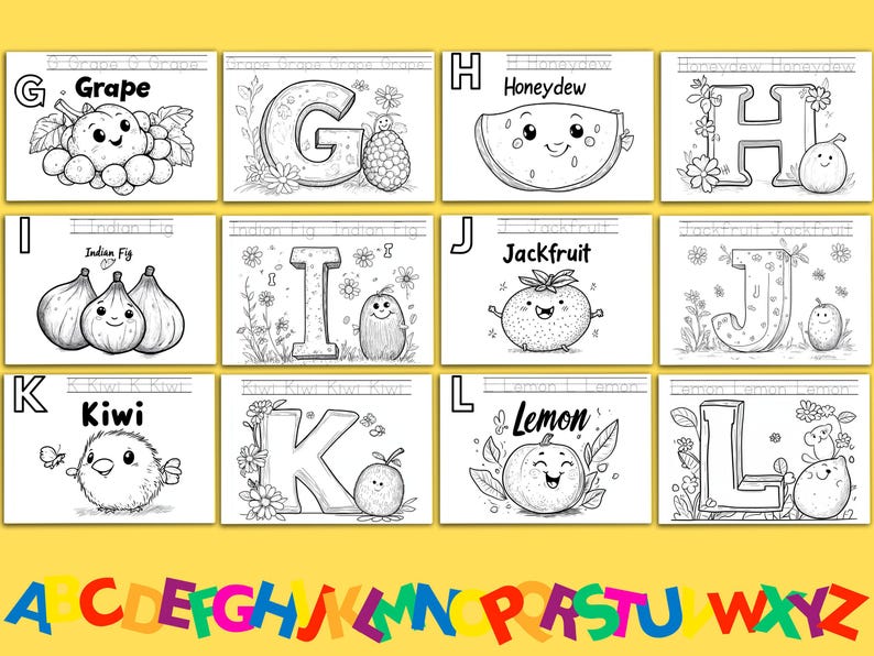 Alphabet ABC Fruit Coloring Book for Kids, A to Z Worksheet, ABC Fun ...