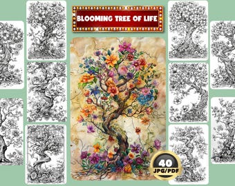 Blooming Tree Of Life Digital Coloring Book, Fantasy Floral Tree Coloring, Instant Download, Therapy Grayscale Coloring Book, Printable PDF