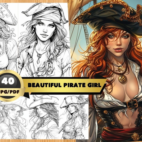 Beautiful Pirate Girl Coloring Book, Grayscale Coloring Book for Adults and Teens, Digital Download, Printable PDF File