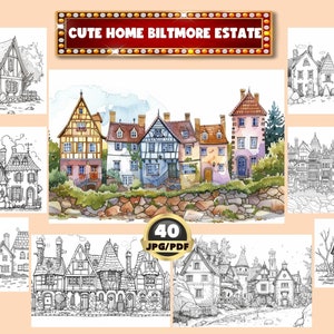 May include: A digital download of 40 coloring pages featuring cute homes in a Biltmore Estate style. The pages are black and white line drawings of houses with intricate details.