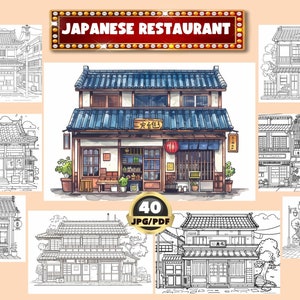 Japanese Restaurant Storefronts Coloring Book, Shop House Coloring, Digital Coloring, Instant Download, Grayscale Coloring, Printable PDF
