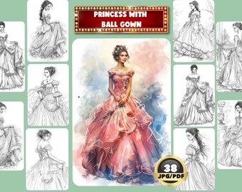Princess With Ball Gown Coloring Digital Book, Ball Gown Grayscale Adult Coloring, Princess Portrait Coloring, Printable Coloring PDF