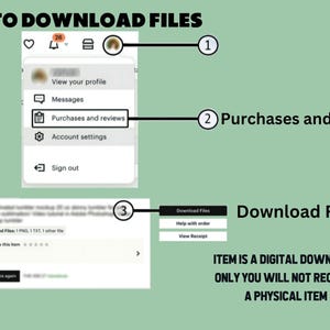 Puede incluir: Una captura de pantalla que muestra c&oacute;mo descargar archivos digitales en un sitio web. Los pasos son: 1. Haz clic en el icono del perfil, 2. Selecciona "Compras y rese&ntilde;as", 3. Haz clic en "Descargar archivos". El texto "EL ART&Iacute;CULO ES UNA DESCARGA DIGITAL, NO RECIBIR&Aacute;S UN ART&Iacute;CULO F&Iacute;SICO" se muestra.