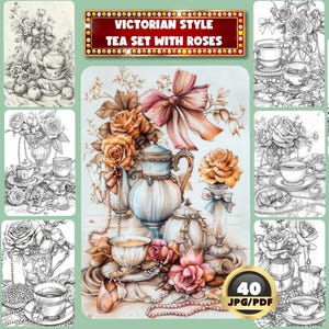 Può includere: Un set di 40 illustrazioni in bianco e nero di un set da tè in stile vittoriano con rose. Le illustrazioni sono in stile vintage e presentano dettagli intricati. Il set da tè comprende una teiera, tazze, piattini e una zuccheriera. Le rose sono in varie fasi di fioritura e sono disposte in bouquet e ghirlande.