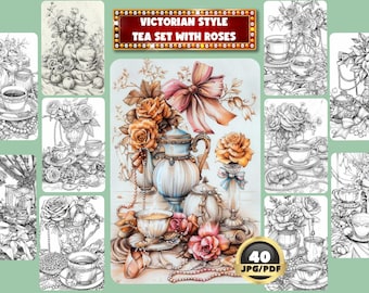 Puede incluir: Un conjunto de 40 ilustraciones en blanco y negro de un juego de té victoriano con rosas. Las ilustraciones son de estilo vintage y presentan detalles intrincados. El juego de té incluye una tetera, tazas, platillos y un azucarero. Las rosas están en varias etapas de floración y están dispuestas en ramos y coronas.
