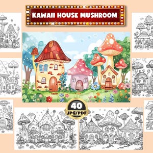 Kawaii House Mushroom Digital Coloring Book, Mushroom House Coloring, Digital Coloring, Instant Download, Grayscale Coloring, Printable PDF