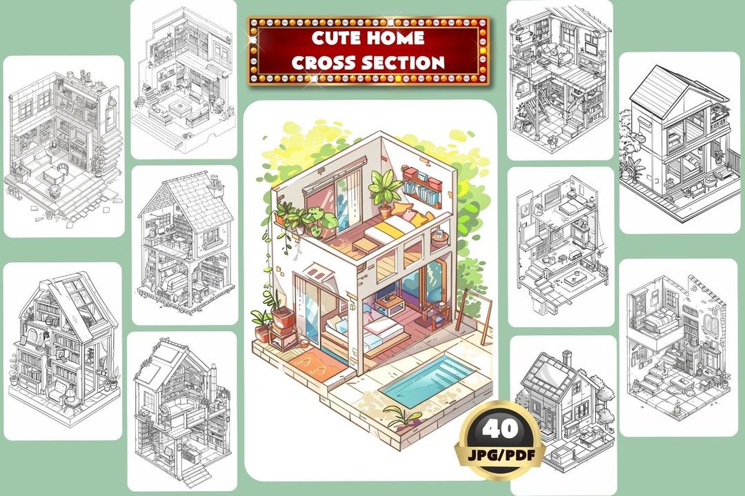 Cute Home Cross Section Coloring Book, Interior Design Coloring Book ...