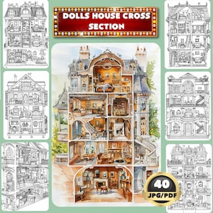 Könnte beinhalten: Eine Querschnittsdarstellung eines Puppenhauses mit 40 detaillierten Räumen. Das Puppenhaus ist in Aquarelltechnik mit einem hellblauen und weißen Farbschema gemalt. Die Illustration ist mit "DOLLS HOUSE CROSS SECTION" beschriftet.