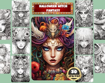 Può includere: Una collezione di arte fantasy con ritratti di streghe con dettagli intricati. L'immagine centrale è un'illustrazione colorata di una strega con occhi blu e un'elaborata acconciatura. Il testo "HALLOWEEN WITCH FANTASY" è visualizzato.