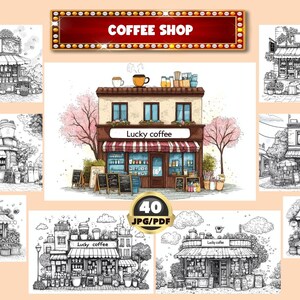 Coffee Shop Coloring Book, Cafe Shopfront, Shophouse Coloring, Digital Coloring Page, Grayscale Coloring, Instant Download, Printable PDF