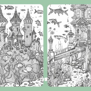 May include: Black and white illustration of two underwater scenes. One features a castle with fish swimming around it. The other shows a building with a bridge and more fish. The scenes are detailed and whimsical.