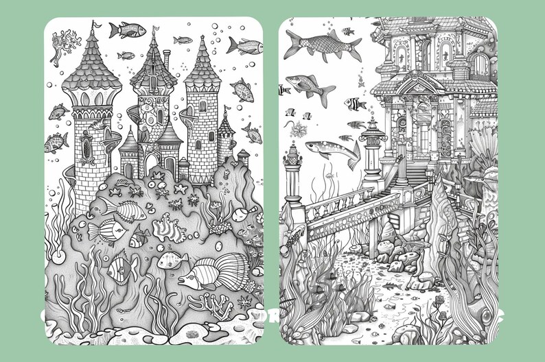May include: Black and white illustration of two underwater scenes. One features a castle with fish swimming around it. The other shows a building with a bridge and more fish. The scenes are detailed and whimsical.