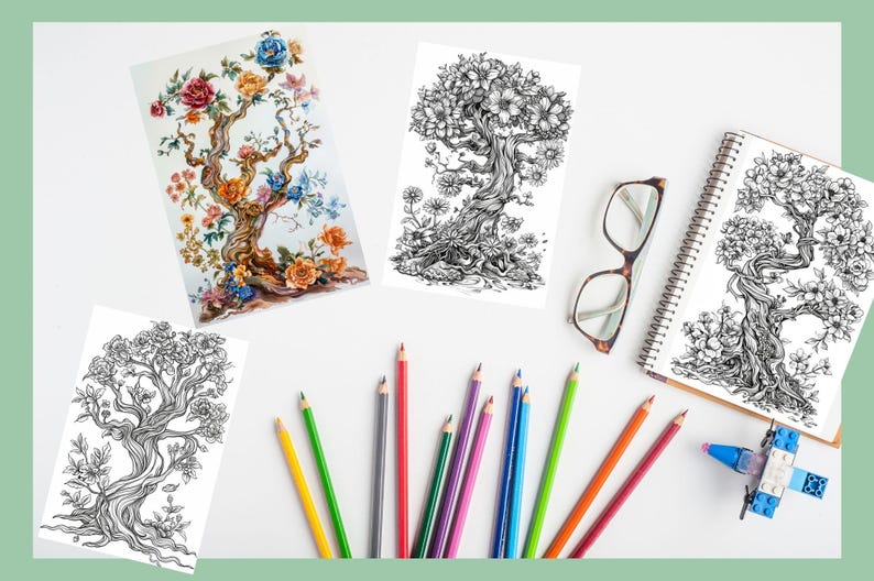 Blooming Tree of Life Coloring Book: Fantasy Floral Grayscale ...