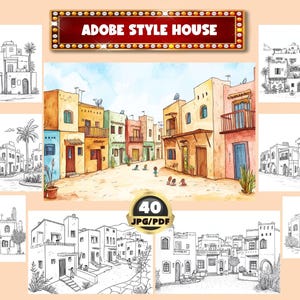 May include: A digital illustration of a colorful Adobe style house with a street scene. The illustration is in a cartoon style and features a variety of buildings, trees, and people. The illustration is perfect for use in a variety of creative projects, such as coloring pages, greeting cards, and scrapbooking.