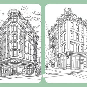 Puede incluir: Un dibujo en blanco y negro de dos edificios con escaparates y ventanas. Los edificios est&aacute;n en una esquina de la calle con &aacute;rboles y aceras.