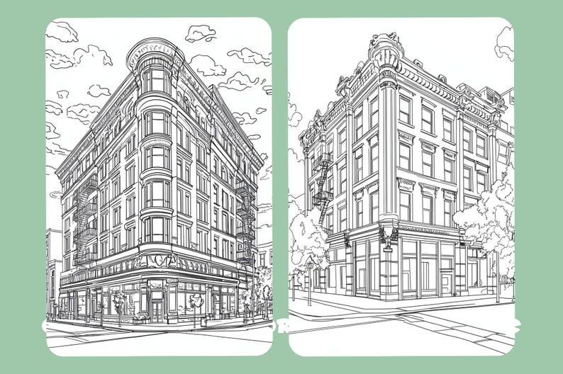 Puede incluir: Un dibujo en blanco y negro de dos edificios con escaparates y ventanas. Los edificios est&aacute;n en una esquina de la calle con &aacute;rboles y aceras.