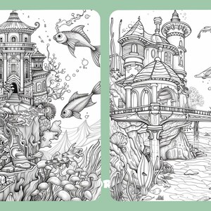 May include: Two detailed black and white illustrations of underwater scenes. One depicts a pagoda-style building with fish swimming around it. The other shows a castle-like structure with a bridge and more fish.