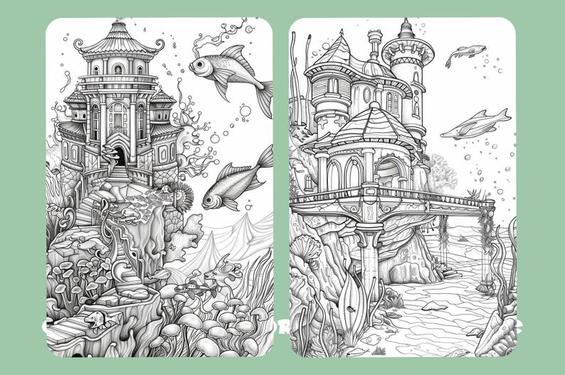 May include: Two detailed black and white illustrations of underwater scenes. One depicts a pagoda-style building with fish swimming around it. The other shows a castle-like structure with a bridge and more fish.