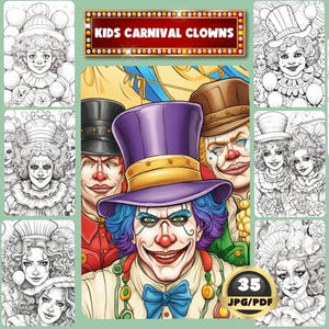 Kids Carnival Clowns Coloring Book, Fantasy Halloween Art (Printable PDF)