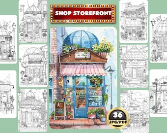 Shop Storefronts Coloring Book: Grayscale Grocery & Building Pages (Digital Download)