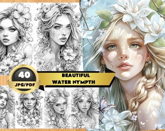 Beautiful Water Nympth Coloring Book, Floral Hair Water Sprite Coloring Page, Grayscale Instant Download Printable File (JPEG and PDF)