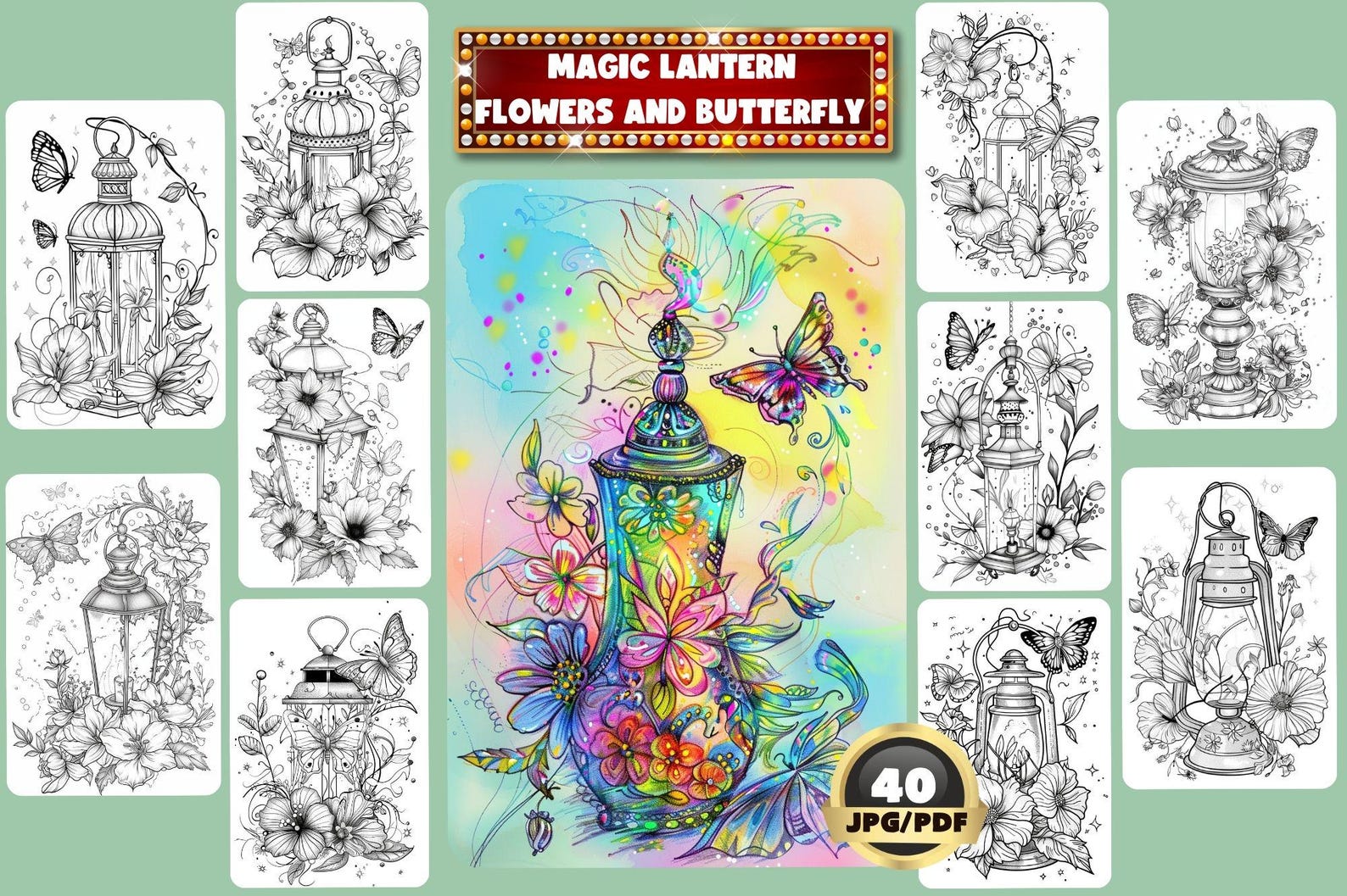 Magic Lantern Coloring Book: Flowers and Butterfly Grayscale (printable ...