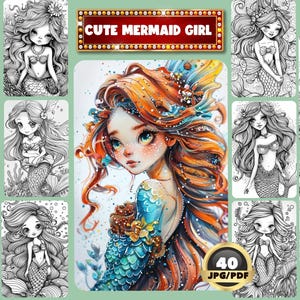 Cute Mermaid Girl Coloring Book, Mermaid Coloring, Fantasy Coloring, Digital Coloring, Instant Download, Grayscale Coloring, Printable PDF