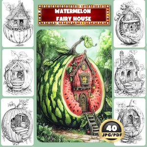 Watermelon Fairy House Coloring Book, Fantasy Fruit House, Digital Coloring, Instant Download, Relaxing Grayscale Coloring, Printable PDF