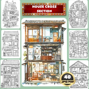 Könnte beinhalten: Ein Satz von 40 Schwarzweiß-Zeichnungen von Hausquerschnitten. Jede Zeichnung zeigt einen anderen Raum im Haus, wie Küche, Badezimmer, Schlafzimmer und Wohnzimmer. Die Zeichnungen sind detailliert und beinhalten Möbel, Geräte und andere Gegenstände. Der Text "HOUSE CROSS SECTION" befindet sich oben im Bild.