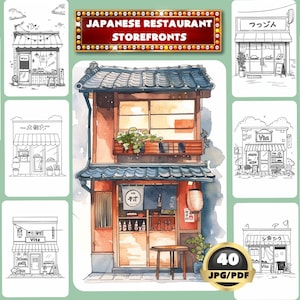 Japanese Restaurant Storefronts Coloring Book 2, Digital Coloring, Shop House Coloring, Instant Download, Grayscale Coloring, Printable PDF