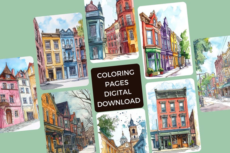 Puede incluir: Un conjunto de 10 p&aacute;ginas para colorear digitales que presentan ilustraciones de acuarela de varios paisajes urbanos. Las ilustraciones representan edificios encantadores y coloridos con detalles intrincados. El texto "COLORING PAGES DIGITAL DOWNLOAD" se muestra en el centro de la imagen.