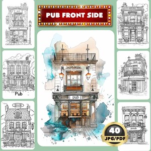 Könnte beinhalten: Ein Set mit 40 Schwarzweiß-Zeichnungen von Pub-Vorderseiten. Die Zeichnungen sind in verschiedenen Stilen gehalten, einige mit Aquarell-Waschungen. Die Zeichnungen zeigen alle verschiedene Pubs mit unterschiedlichen architektonischen Details. Die Zeichnungen sind alle im Vintage-Stil gehalten.