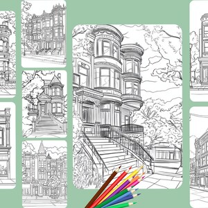 Puede incluir: Un conjunto de ocho dibujos en blanco y negro de casas de estilo victoriano. Cada dibujo est&aacute; enmarcado con un borde blanco. Los dibujos son perfectos para colorear.